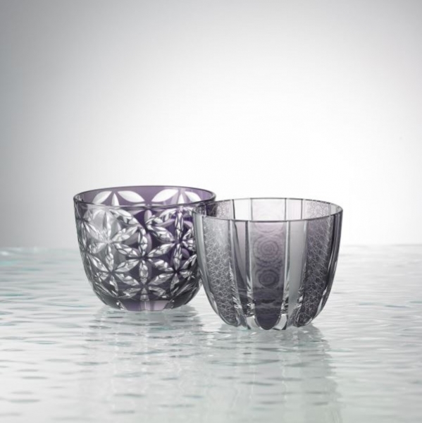 Edo Kiriko, Set of 2 sake glasses—grape (purple), 2 patterns (itogiku tsunagi and asa no ha), soba choko cup, Ø 8.2 cm × H 6.0 cm, Tokyo traditional crafts, handmade