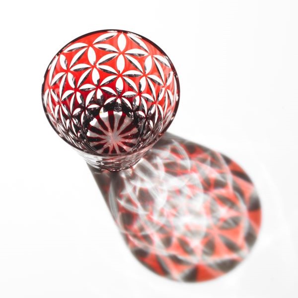 Edo Kiriko, Multi-purpose glass, Asa no Ha, kurenai (deep red), Hanasho, hemp leaf, Size: Ø 9.0 × H 9.0 cm, Tokyo traditional crafts, handmade	