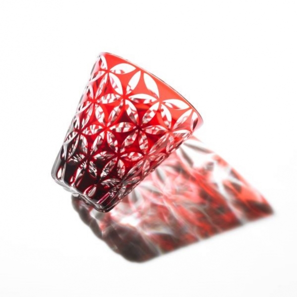 Edo Kiriko, Multi-purpose glass, Asa no Ha, kurenai (deep red), Hanasho, hemp leaf, Size: Ø 9.0 × H 9.0 cm, Tokyo traditional crafts, handmade	