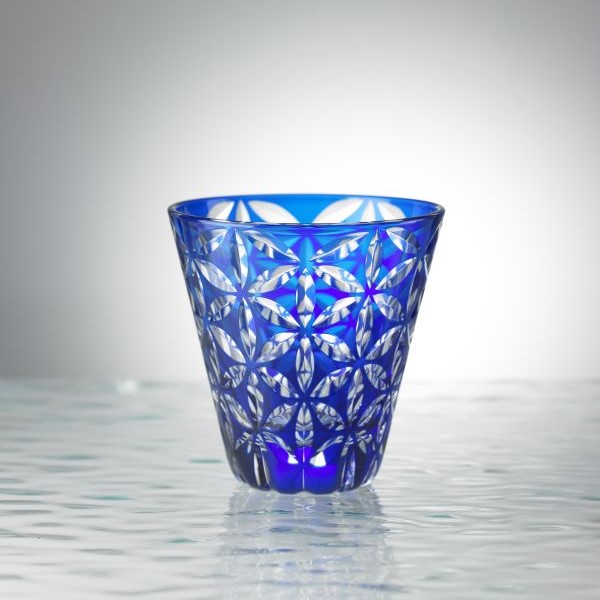 Edo Kiriko, Multi-purpose glass, Asa no Ha, lapis lazuli (blue), Hanasho, hemp leaf, Ø 9.0 × H 9.0 cm, Tokyo traditional crafts, handmade