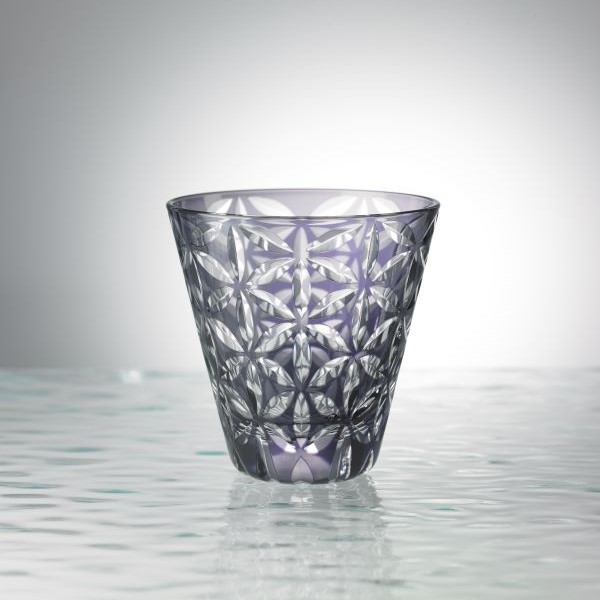 Edo Kiriko, Multi-purpose glass, Asa no Ha, grape (purple) , Hanasho, hemp leaf, Size: Ø 9.0 × H 9.0 cm, Tokyo traditional crafts, handmade