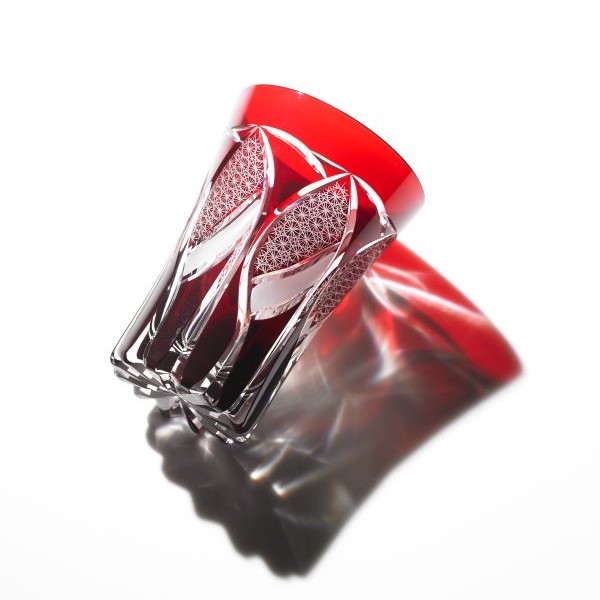 Edo Kiriko, Tumbler, parasol, itogiku tsunagi, kurenai (deep red), Hanasho, Size: Ø 7.5 × H 11 cm, Tokyo traditional crafts, handmade