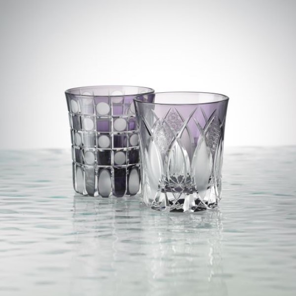 Edo Kiriko, Set of 2 sake glasses—grape (purple), 2 patterns (ichimatsu and itogiku tsunagi), Hanasho, Size: Ø 6.0 × H 7.0 cm, Tokyo traditional crafts, handmade	