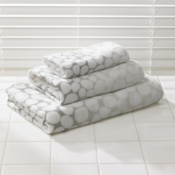  Towel set (Ishi komon dot pattern) – Double-faced gauze towels. Set of 3 (bath towel, hand towel, wash cloth), Edo komon pattern, light grey, Uchino Towels