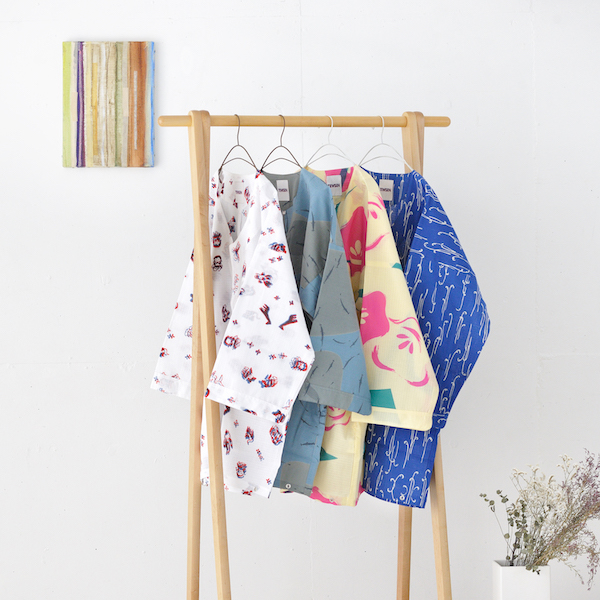 NARABI WARABI (blue) - bracken pattern, Tewsen shirt, wazarashi material, traditional loose-fitting style, unisex