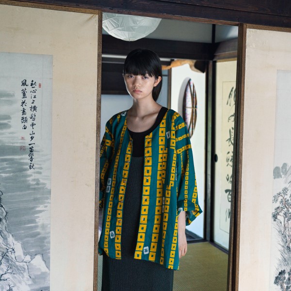 CHINESE STRIPE (green) - Chinese stripe pattern, Tewsen shirt, wazarashi material, traditional loose-fitting style, unisex