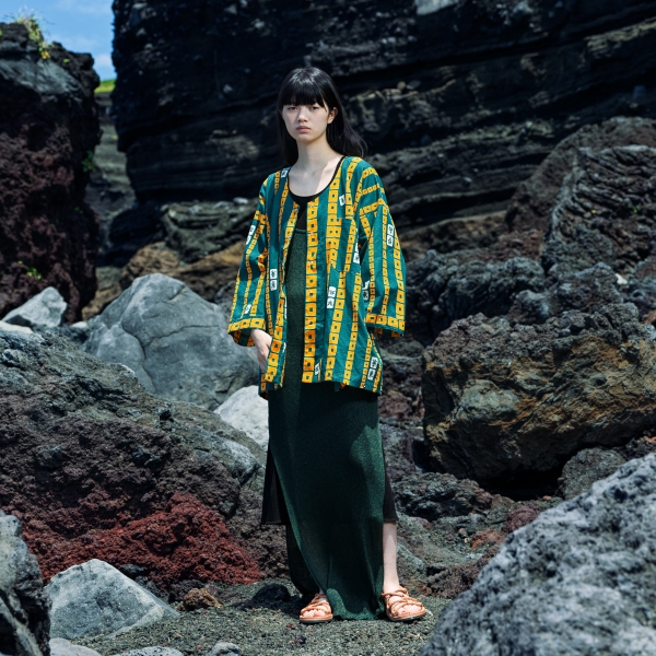 CHINESE STRIPE (green) - Chinese stripe pattern, Tewsen shirt, wazarashi material, traditional loose-fitting style, unisex