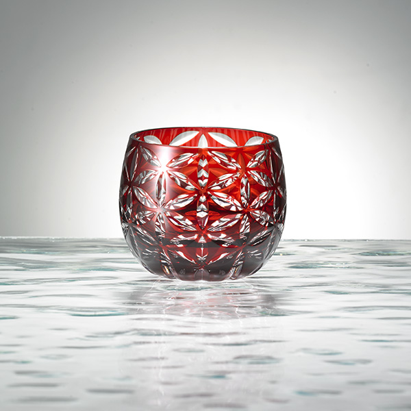 Edo Kiriko, glass, Guinomi, Asa no Ha, kurenai, deep red, Ø 5.0 × H 5.0 cm, Hanasho,hemp leaf, sake, traditional crafts, handmade, souvenir, gift, oder-made