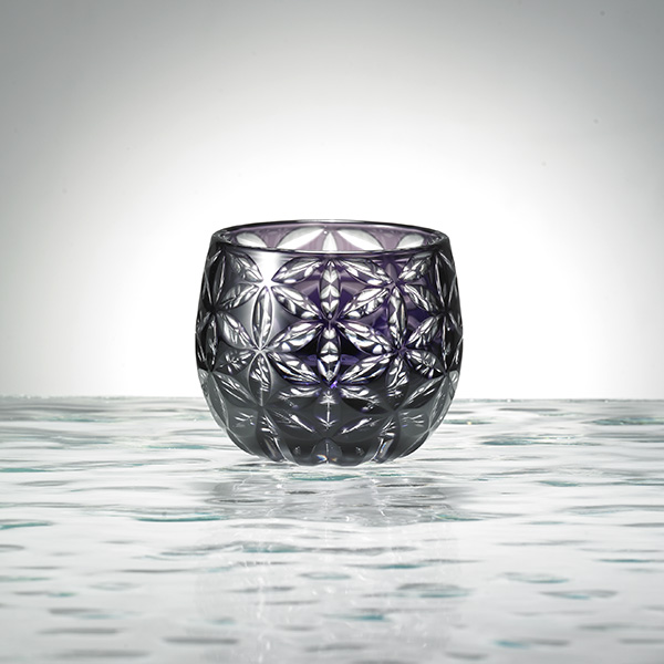 Edo Kiriko, glass, Guinomi, Asa no Ha, grape, purple, Ø 5.0 × H 5.0 cm, Hanasho,hemp leaf, sake, traditional crafts, handmade, souvenir, gift, oder-made