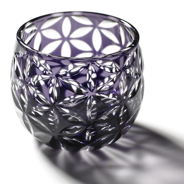 Edo Kiriko, glass, Guinomi, Asa no Ha, grape, purple, Ø 5.0 × H 5.0 cm, Hanasho,hemp leaf, sake, traditional crafts, handmade, souvenir, gift, oder-made