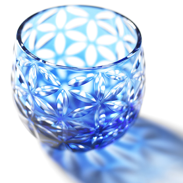 Edo Kiriko, glass, Guinomi, Asa no Ha, light blue, Ø 5.0 × H 5.0 cm, Hanasho,hemp leaf, sake, traditional crafts, handmade, souvenir, gift, oder-made