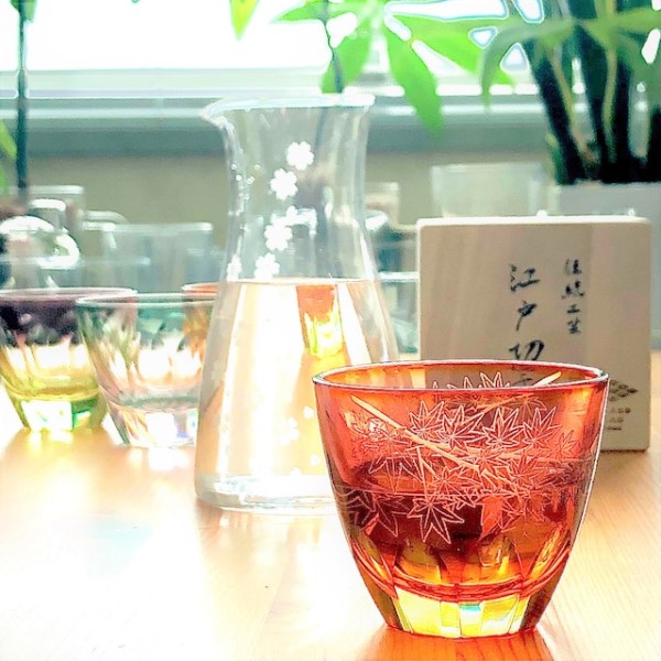 Suna-Kiriko Glassware: Momiji (Autumn Leaves), Sake Glass 115ml, GLASS-LAB 