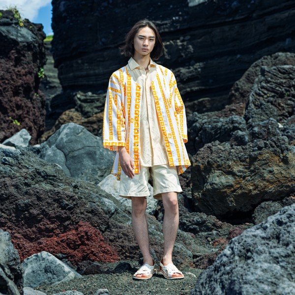 CHINESE STRIPE (yellow) - Chinese stripe pattern, Tewsen shirt, wazarashi material, traditional loose-fitting style, unisex	