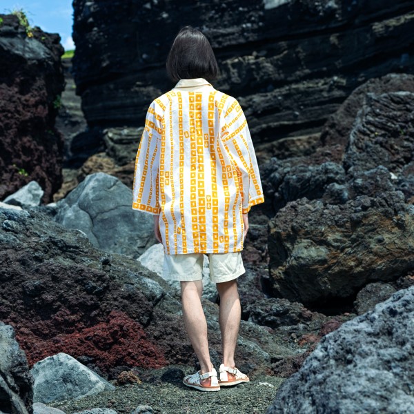 CHINESE STRIPE (yellow) - Chinese stripe pattern, Tewsen shirt, wazarashi material, traditional loose-fitting style, unisex	