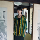 CHINESE STRIPE (green) - Chinese stripe pattern, Tewsen shirt, wazarashi material, traditional loose-fitting style, unisex