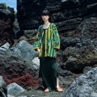 CHINESE STRIPE (green) - Chinese stripe pattern, Tewsen shirt, wazarashi material, traditional loose-fitting style, unisex