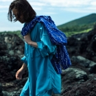 NARABI WARABI (blue) - bracken pattern, Tewsen shirt, wazarashi material, traditional loose-fitting style, unisex