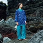 NARABI WARABI (blue) - bracken pattern, Tewsen shirt, wazarashi material, traditional loose-fitting style, unisex